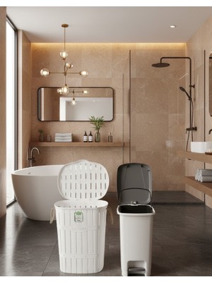 Buclee Bambu Görünümlü Halatlı Çamaşır Sepeti 65 Lt ve Pedallı Iç Kovalı Çöp Kovası 40 Lt Banyo Seti