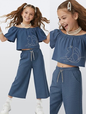 Denokids Kız Çocuk Takım Denim Görünümlü Bluz Pantolon Dokuma Yazlık 4-10 Yaş