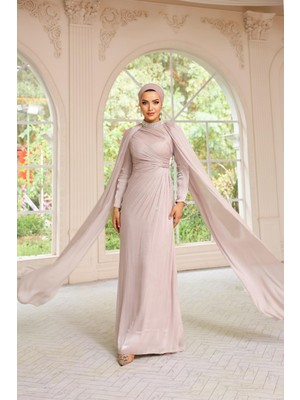 Olcay Yakası Taşlı Pelerin Detaylı Yoryo Ipek Tesettür Abiye Elbise Taş 1247