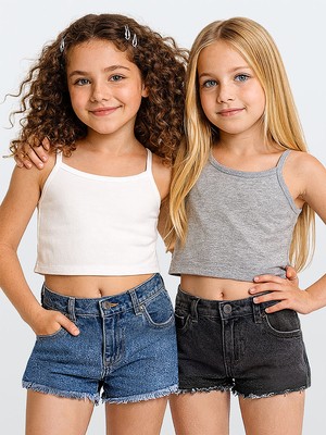 Denokids Kız Çocuk Crop Top 2'li Takım Askılı Gri Beyaz Crop Üst