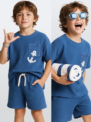 Denokids Erkek Çocuk Takım Havlu Kumaş Oversize T-Shirt & Şort – Çapa Takım 7-12 Yaş