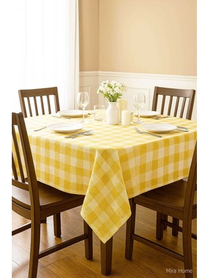 Mira Home Fiber Kareli Masa Örtüsü Sofra Bezi Ekose Desen 160X160 cm Sarı