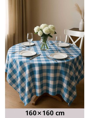 Mira Home Fiber Kareli Masa Örtüsü Sofra Bezi Ekose Desen 160X160 cm Turkuaz