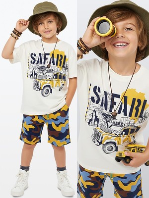 Denokids Erkek Çocuk Takım Safari Baskılı %100 Pamuk T-Shirt Şort Yazlık Takım