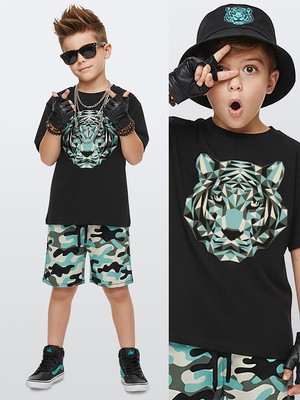 Denokids Erkek Çocuk Takım Kaplan Baskılı %100 Pamuk T-Shirt Şort Yazlık Takım