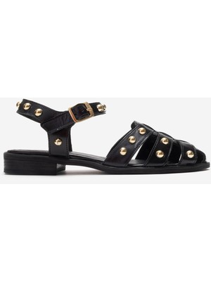 Dericlub Kadın Bilek Bağlama Düz Taban Sandalet Gerçek Deri Zy 4180 Siyah