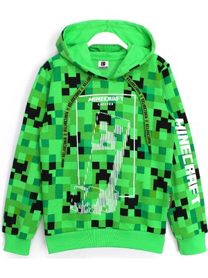 Minecraft 360 Derece Minecraft Creeper Baskılı Kışlık Çocuk Kapşonlu Sweatshirt 8 - 13 Yaş Aralığı Yeşil