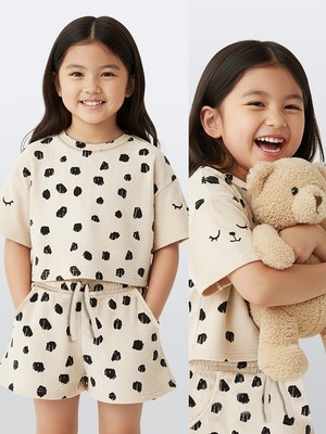 Denokids Kız Çocuk Takım Leopar Havlu Kumaş T-Shirt Şort Takım Yazlık 4-9 Yaş