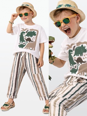 Denokids Erkek Çocuk Takım Dinozor Baskılı %100 Pamuk T-Shirt Çizgili Dokuma Pantolon Yazlık Takım