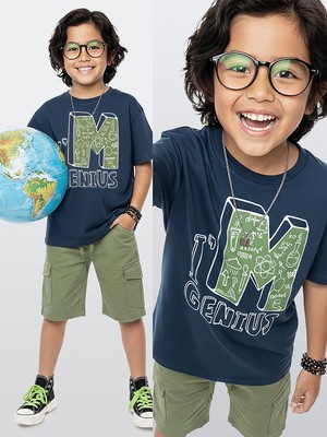Denokids Erkek Çocuk Takım Bilim Baskılı Pamuk T-Shirt Gabardin Dokuma Şort Yazlık Takım