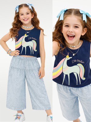 Denokids Kız Çocuk Takım Ikili Unicorn Penye T-Shirt Dokuma Geniş Paça Pantolon Yazlık 4-10 Yaş