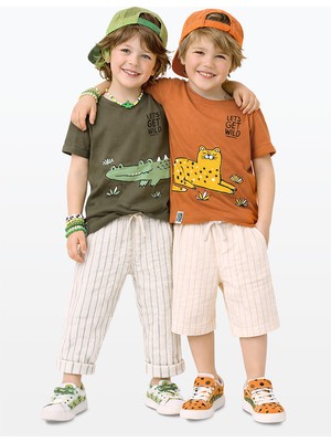 Denokids Erkek Çocuk T-Shirt 2'li Paket Timsah Leopar Baskılı Kısa Kol T-Shirt Pamuklu