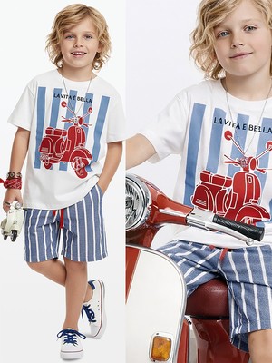 Denokids Erkek Çocuk Takım Motosiklet Baskılı %100 Pamuk T-Shirt Çizgili Dokuma Şort Yazlık Takım
