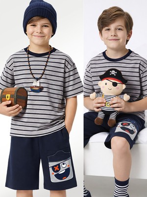 Denokids Erkek Çocuk Takım Çizgili T-Shirt Korsan Şort Yazlık Takım