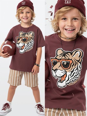 Denokids Erkek Çocuk Takım Kaplan Baskılı %100 Pamuk T-Shirt Çizgili Dokuma Şort Yazlık Takım