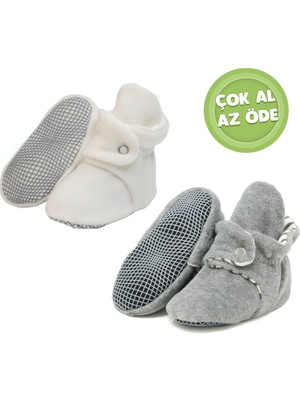 Ella Bonna Kaydırmaz Taban, Organik %100 Pamuk Astarlı , Bebek Panduf , 2'li Ekonomik Paket (Beyaz- Gri)