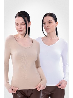 Yade Fashion V Yaka Uzun Kollu Kadın Body  2\\\'li Set