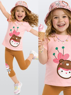 Denokids Kız Çocuk Takım Çiçekli Ayıcıklı Tunik Boy T-Shirt Tayt Yazlık 2-8 Yaş