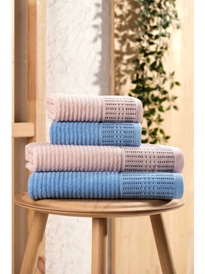 Mira Home 4 Parça Büyük Boy Banyo Havlu Takımı %100 Pamuklu Marena Mavi Pudra