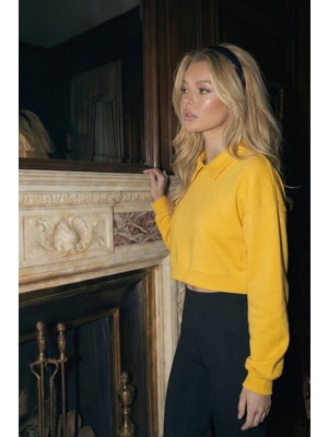Poupee Polo Yaka Sarı Sweatshirt, Kadın Sarı Sweat, 3iplik Sweatshirt