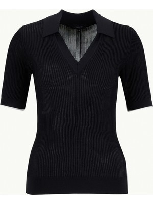 Fabrika Polo Yaka Slim Fit Düz Örgü Desenli Siyah Kazak Kadın F6SL-KZK0065