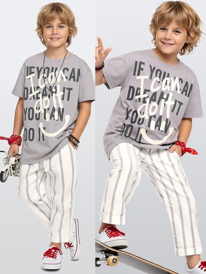 Denokids Erkek Çocuk Takım Grafiti %100 Pamuk T-Shirt ve Çizgili Keten Görünümlü Yazlık Pantolon