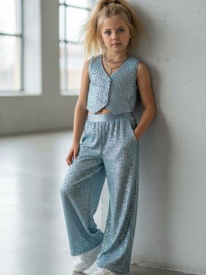 Zekids Kız Çocuk Işıltılı Yelek Pantolon Takım