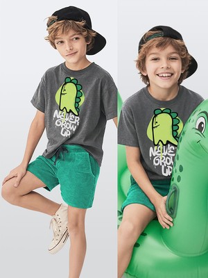 Denokids Erkek Çocuk Takım Dinozor Baskılı T-Shirt Havlu Şort Ikili Takım Yazlık 4-8 Yaş