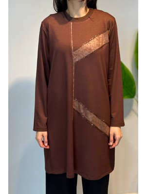 Lale Butik Penye Taş Detaylı Tunik 45-97 Kahve