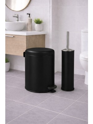 Sas Haus Siyah  2'li Banyo Seti - Metal Çöp Kovası 3 Lt ve Wc Fırçası Takımı Elit 7200
