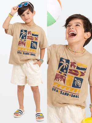 Denokids Erkek Çocuk Takım Yaz Baskılı %100 Pamuk T-Shirt Çizgili Dokuma Şort Yazlık Takım
