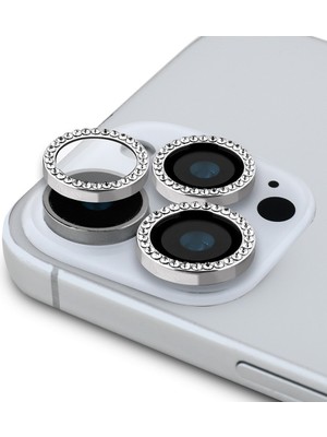 iPhone 17 Pro Uyumlu Guess Orjinal Lisanslı Rhinestone Taşlı Lens Koruyucu Gümüş