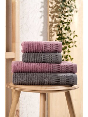 Mira Home 4 Parça Büyük Boy Banyo Havlu Takımı %100 Pamuklu Marena Antrasit Mürdüm