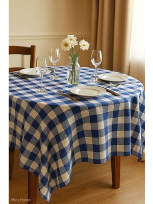 Mira Home Fiber Kareli Masa Örtüsü Sofra Bezi Ekose Desen 160X160 cm Mavi