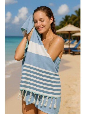 Mira Home Mimoza Unisex Peştemal Plaj Havlusu 100X180 cm %100 Pamuklu Soft Mavi-Açık Mavi