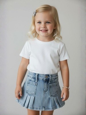 Zekids Kız Bebek Taşlı Cepli Pileli Jean Etek Mavi Rahat Kalıp Orta Boy Denim Kumaş
