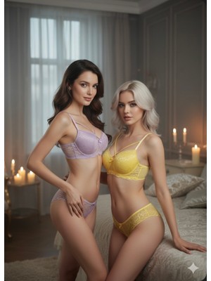 Trend Dokunuş Kadın 2'li Askılı Dantelli ve Dolgulu Sarı-Lila Iç Çamaşır Sütyen Külot Takımı