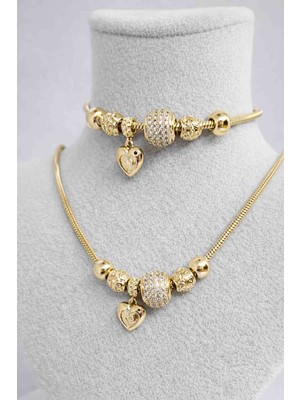 Xuping Jewelry 🏷️ Başlıkxuping 14K Altın Kaplama Kalp Charm Kolye & Bileklik Set – Zirkon Taşlı Özel Tasarım Takı Seti