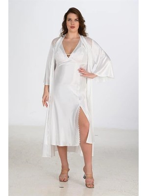 Beruflic Premium Büyük Beden Saten Dantel Işlemeli Ekru Uzun Yırtmaçlı 2'li Gecelik Sabahlık Takımı Bigsize
