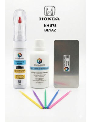 COLORGUARD Honda NH 578 Beyaz İğneli ve Fırçalı 2 si 1 Arada Rötuş Boyası Yüzey Temizleme Solüsyonu Profesyonel ve Çapaksız Rötuş Çeliği 5'li Uygulama Çubuğu Seti