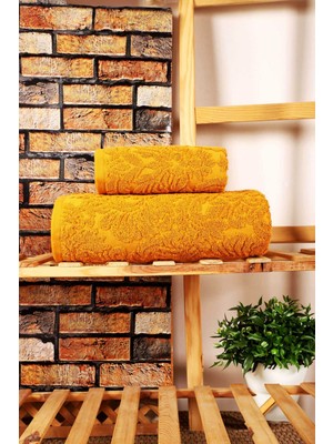 Mira Home 2 Parça Jakarlı Banyo Havlu Takımı Doku Desen Sarı