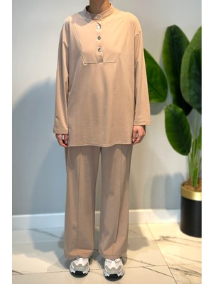 Lale Butik Pamuklu Zımba Detay Tunik Pantolon Takım 4437 Bej