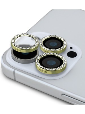 iPhone 15 Pro Uyumlu Guess Orjinal Lisanslı Rhinestone Taşlı Lens Koruyucu Gold