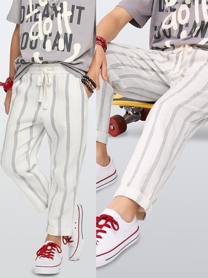 Denokids Erkek Çocuk Pantolon Yazlık Pamuklu Çizgili Keten Görünümlü Pantolon