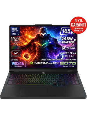 Lenovo Legion Pro 5 16IAX10 Intel Core Ultra 9 275HX 32GB 1TB SSD RTX 5070 8GB 16" WQXGA (2560X1600) OLED 165Hz 115W Freedos Taşınabilir Bilgisayar 83F3008BTR