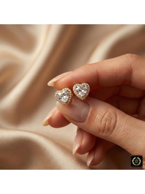 Stainless Steel 316L Çelik Gold Renk Zirkon Taşlı Kalp Küpe