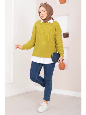 RAF Saç Örgü Desenli Triko Kazak Yağ Yeşil