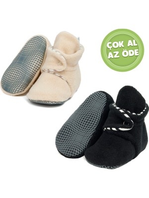 Ella Bonna Kaydırmaz Taban, Organik %100 Pamuk Astarlı , Bebek Panduf , 2'li Ekonomik Paket (Bej-Siyah)