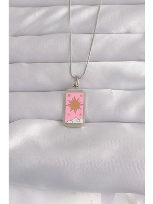 Azrlya 316L Çelik Gümüş Renk Pembe Mineli Güneş Model Tarot Kolye - Lisinya