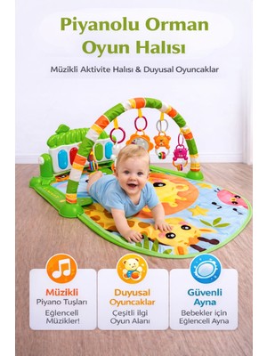 Hak-İş Oyuncak Piyanolu Orman Desenli Bebek Oyun Halısı – 0+ Ay, Hayvan Figürlü Işıklı ve Müzikli Gelişim Matı